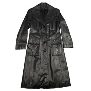 Vintage 70s Enza Womens Black Leather Trench Coat Goth Matrix Punk Long Jacket